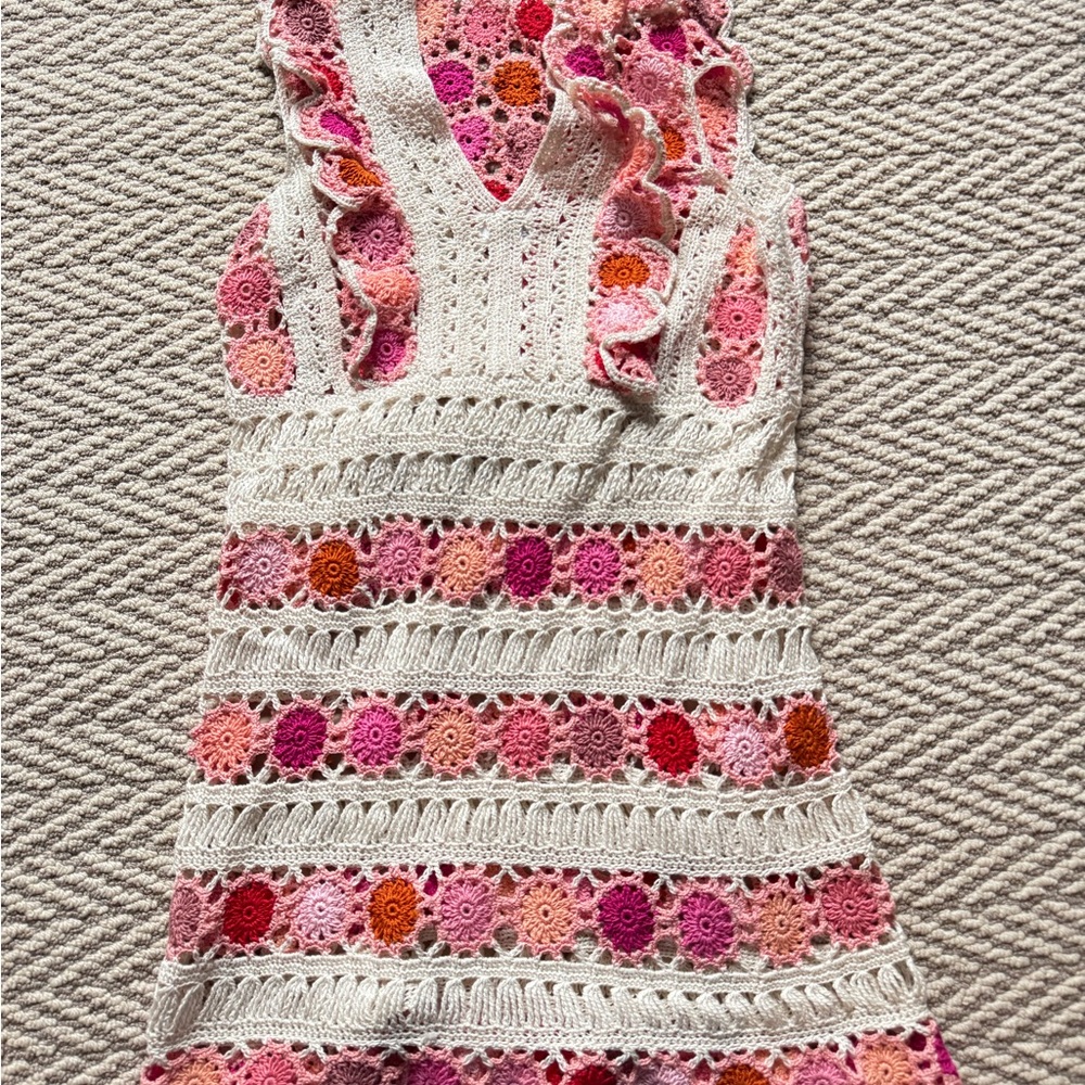 Anna Kosturova Crochet Sleeveless Cover Up Dress with Floral Patterns